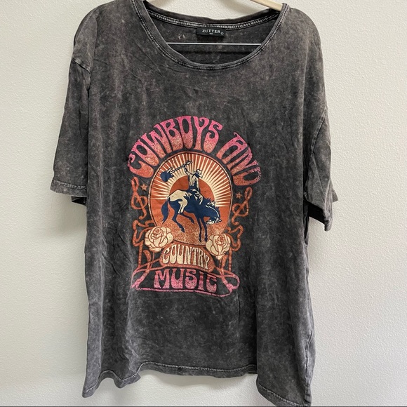 zutter Tops - Zutter Cowboys & Country Music Distressed Wash Oversized Graphic Tee